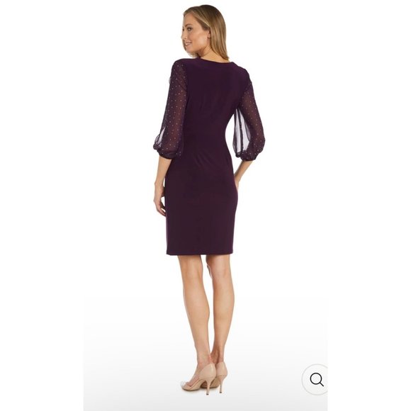 NWT R&M‎ Richards Plum Cocktail Dress W/ Sheer Balloon Sleeves Studs Size 6P - Picture 2 of 5